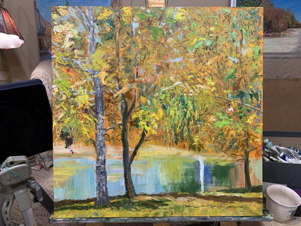 September Landscape Autumn Indian Summer pond trees painting canvas oil artist Albert Safiullin