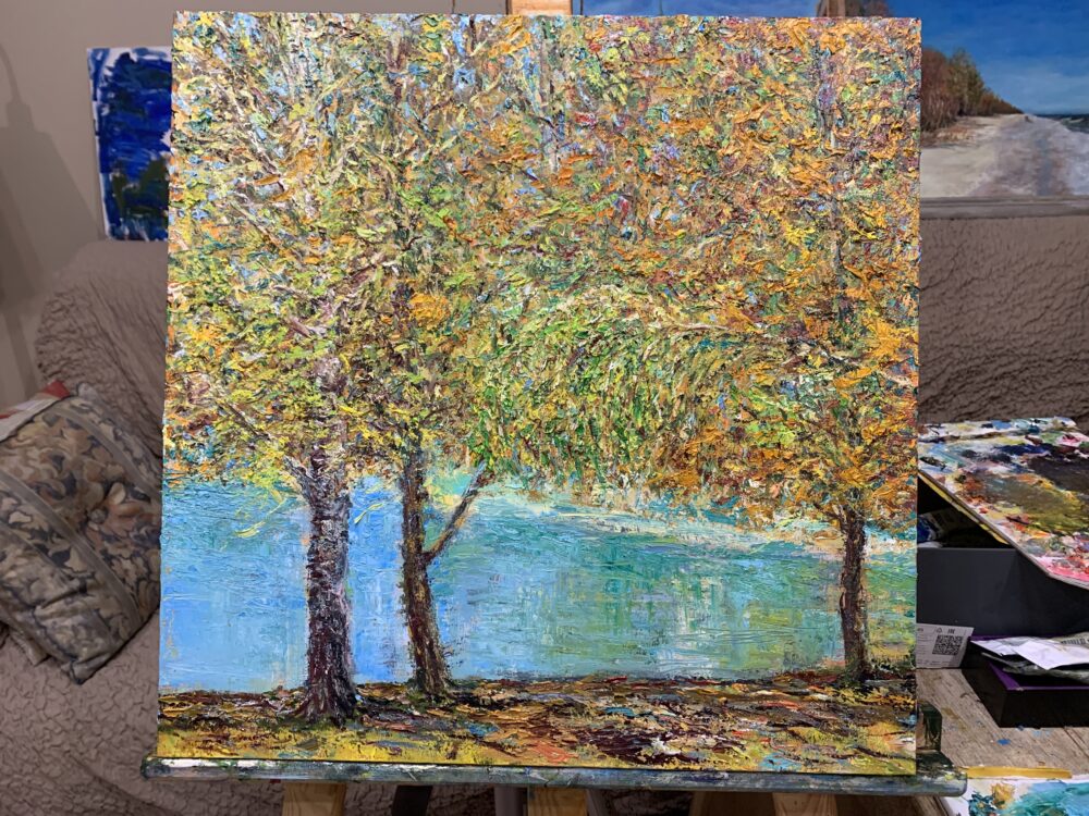 September Landscape Autumn Indian Summer pond trees painting canvas oil artist Albert Safiullin