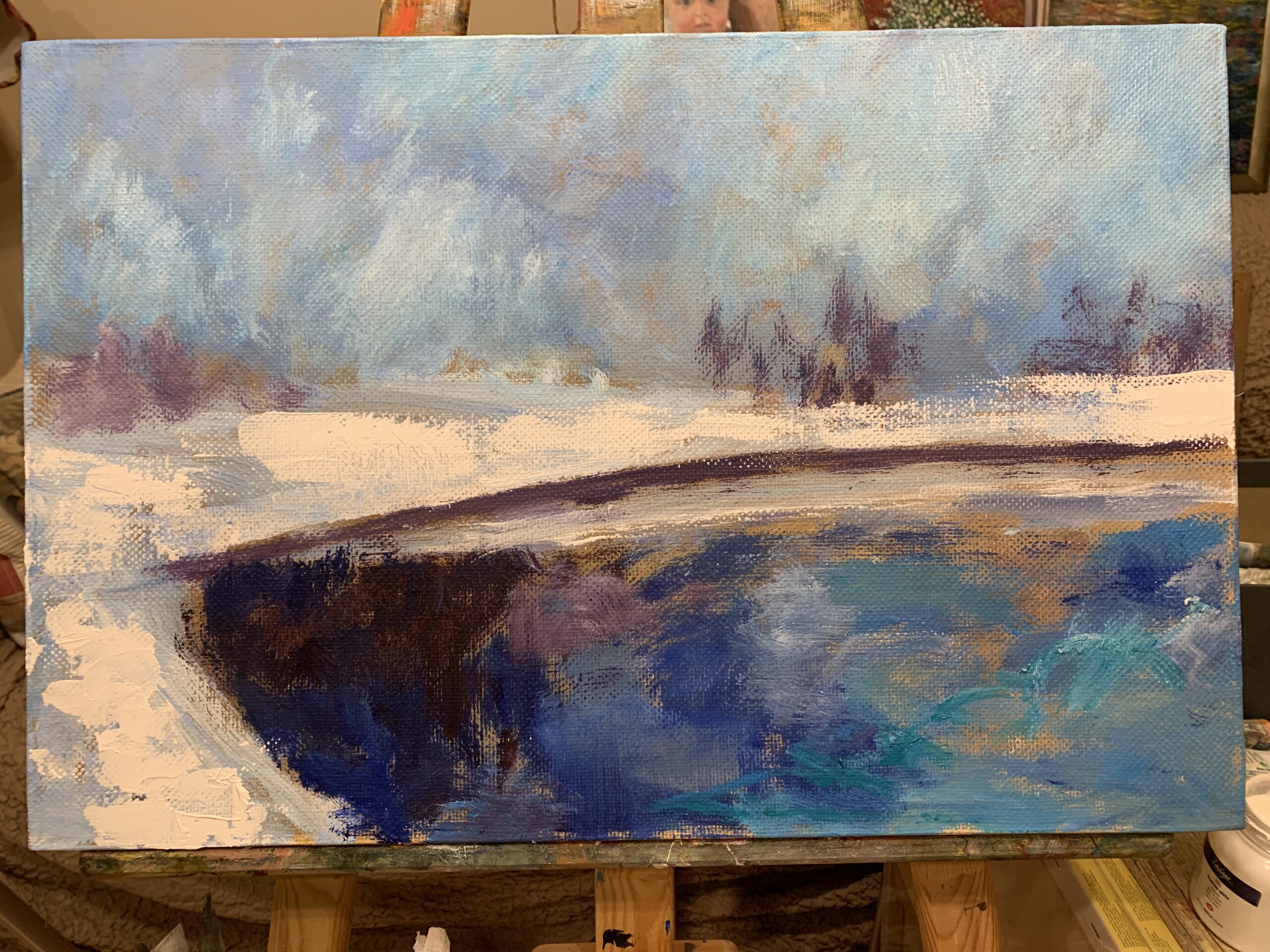 First snow fell winter landscape painting oil canvas impressionism artist Albert Safiullin