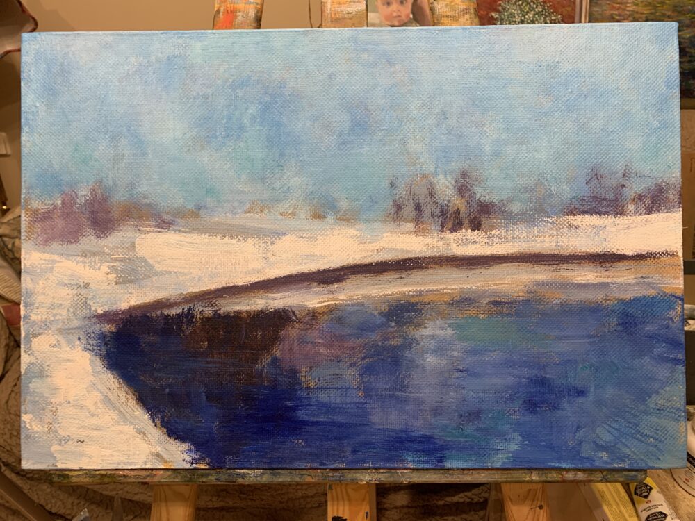 First snow fell winter landscape painting oil canvas impressionism artist Albert Safiullin