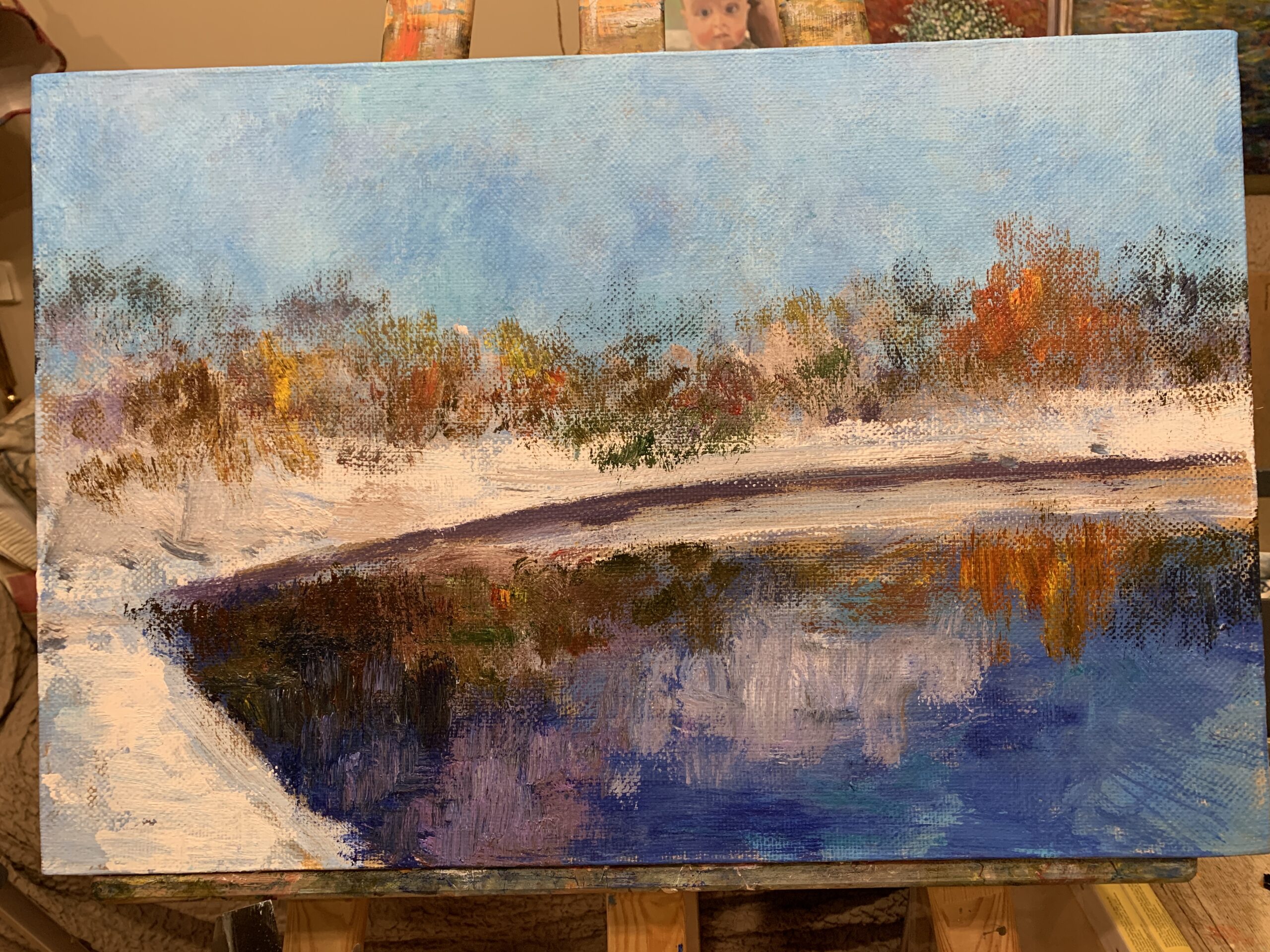 First snow fell winter landscape painting oil canvas impressionism artist Albert Safiullin