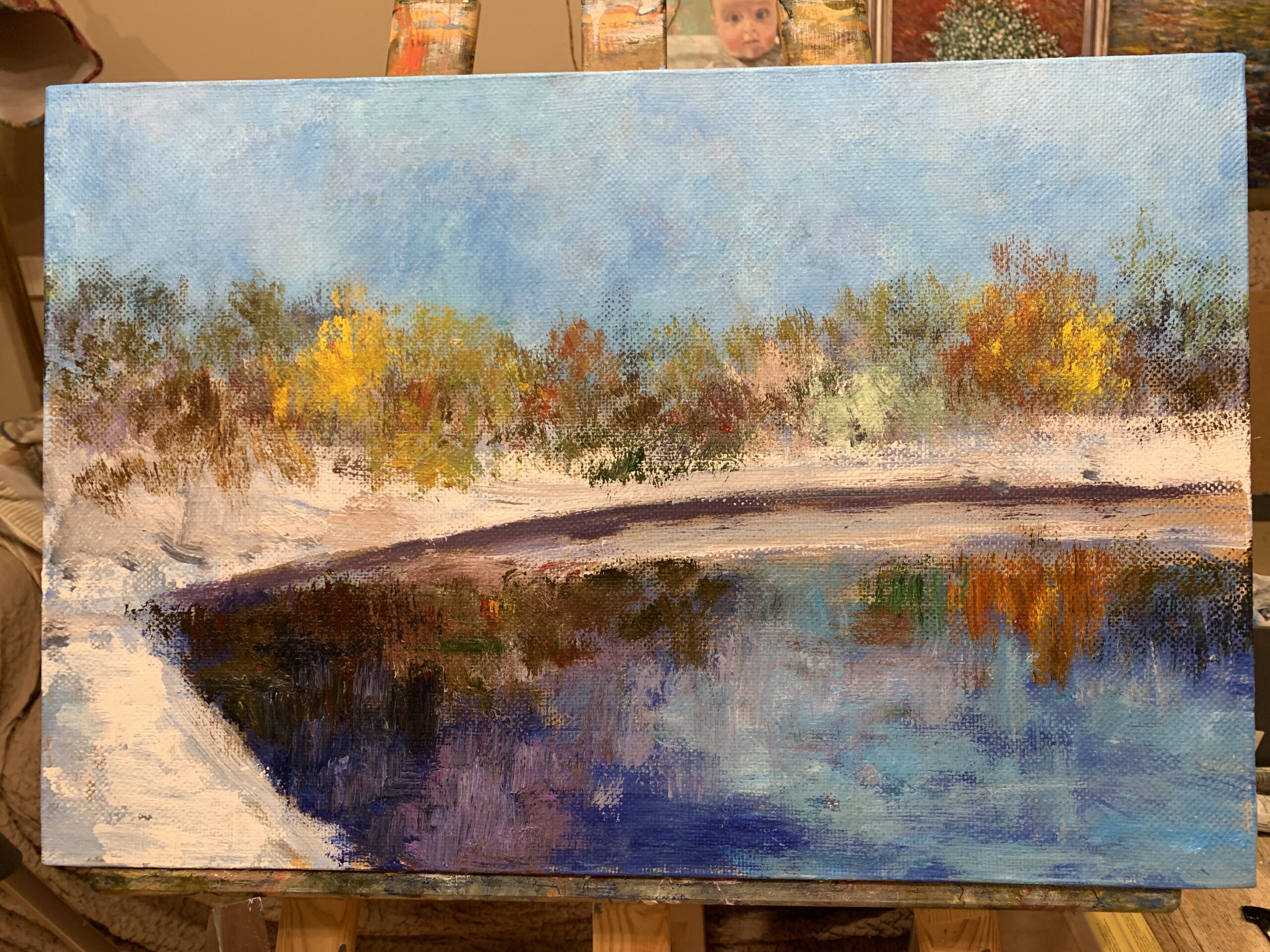 First snow fell winter landscape painting oil canvas impressionism artist Albert Safiullin
