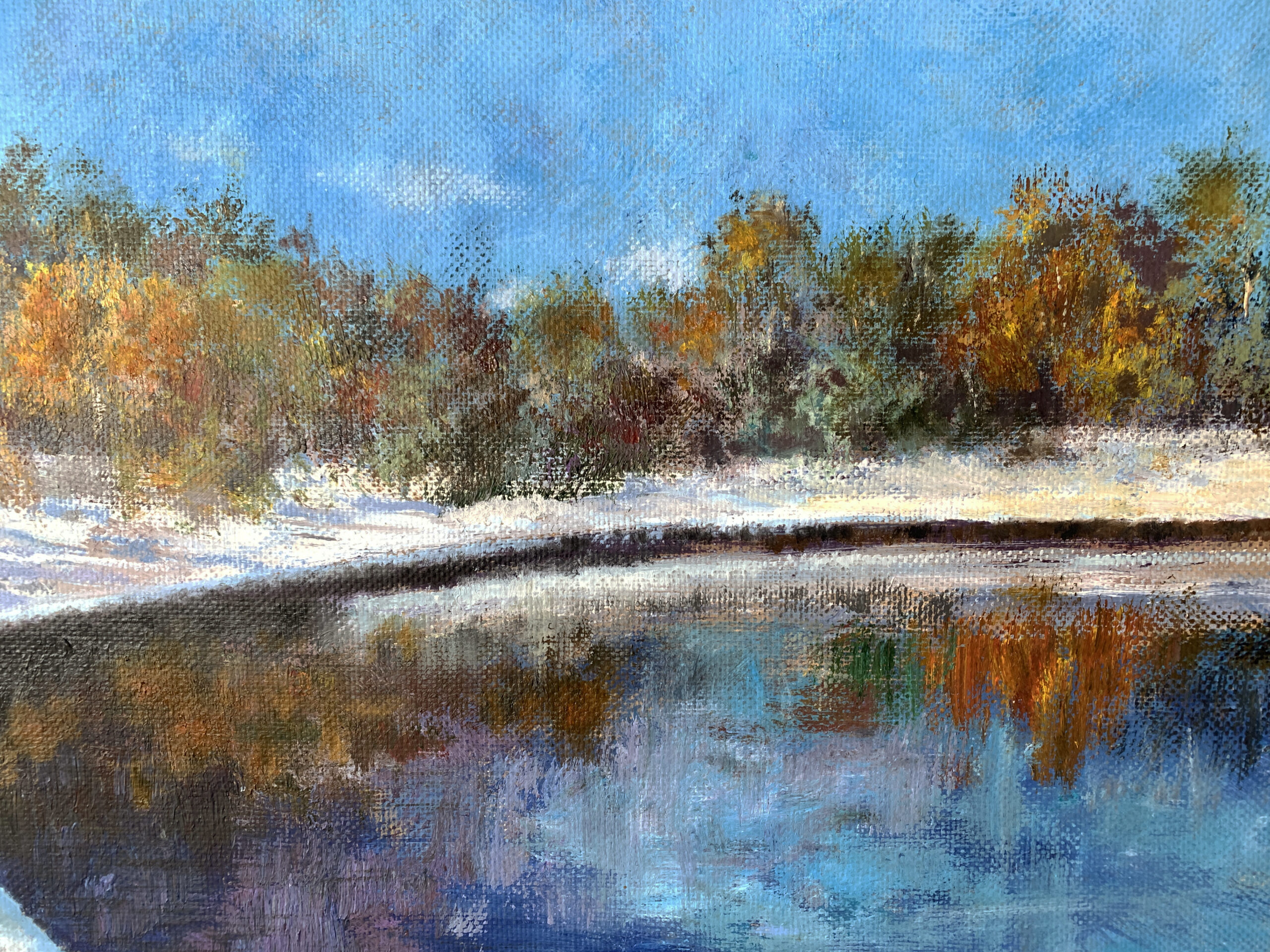 First snow fell winter landscape painting oil canvas impressionism artist Albert Safiullin