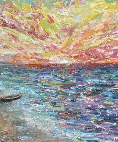 Seascape boat sunset painting oil canvas expressionism artist Albert Safiullin Jurmala Baltics Latvia