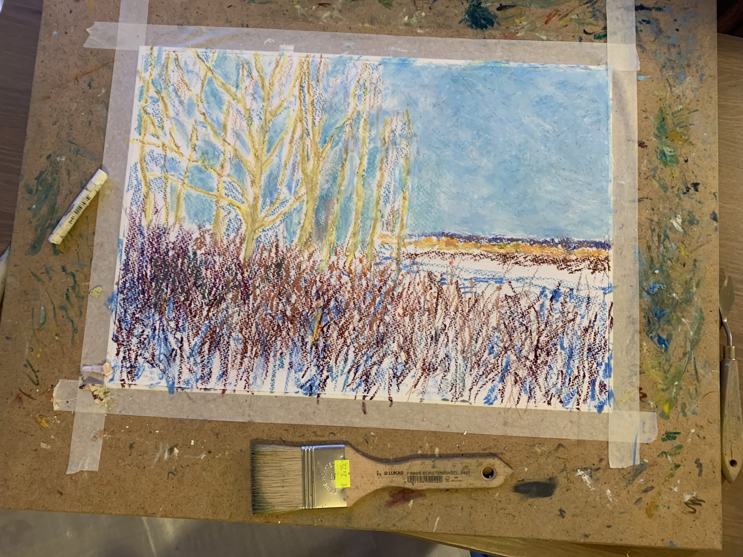 River Lielupe Jurmala Latvia Winter Landscape oil pastel Albert Safiullin