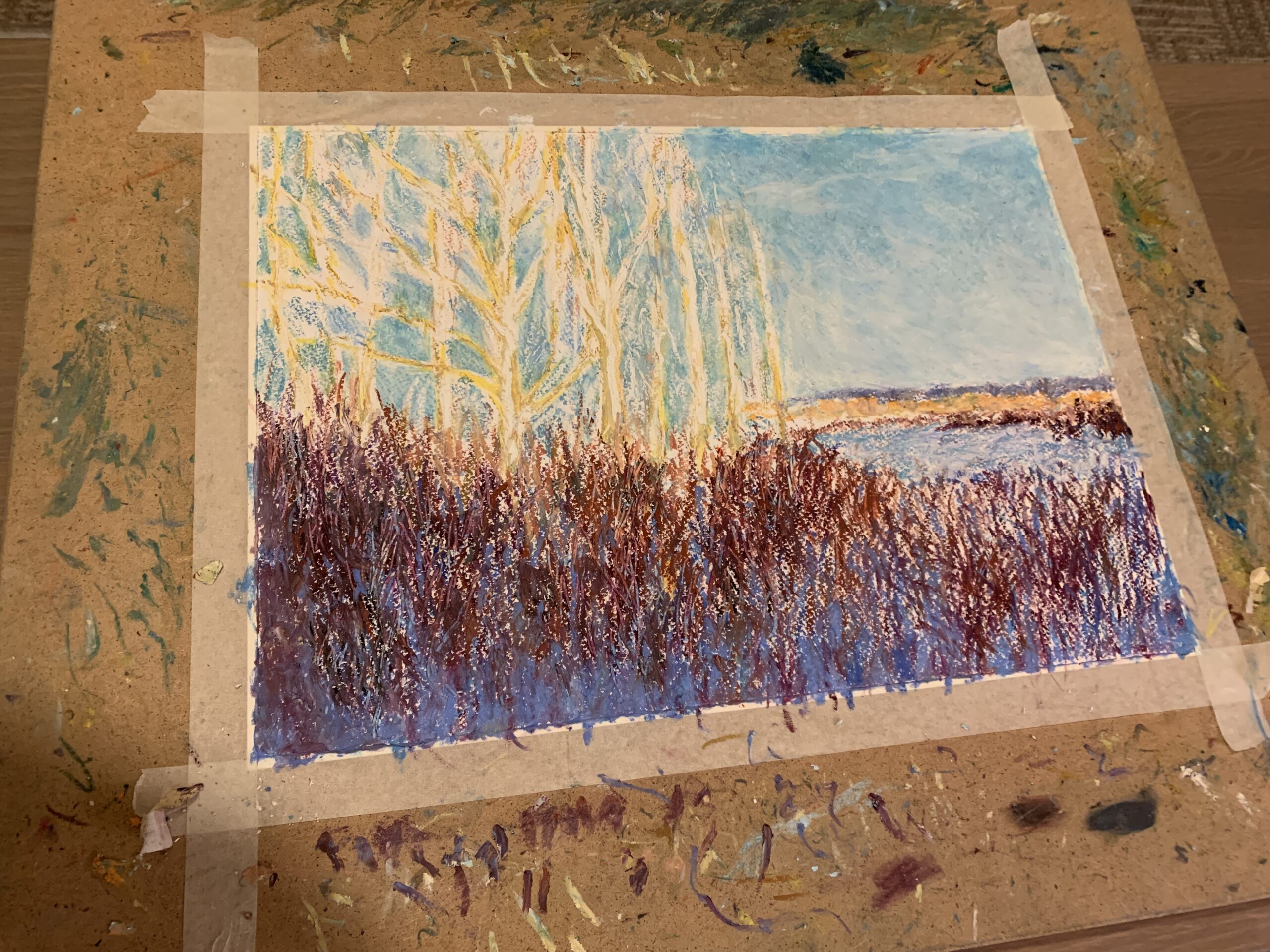 River Lielupe Jurmala Latvia Winter Landscape oil pastel Albert Safiullin