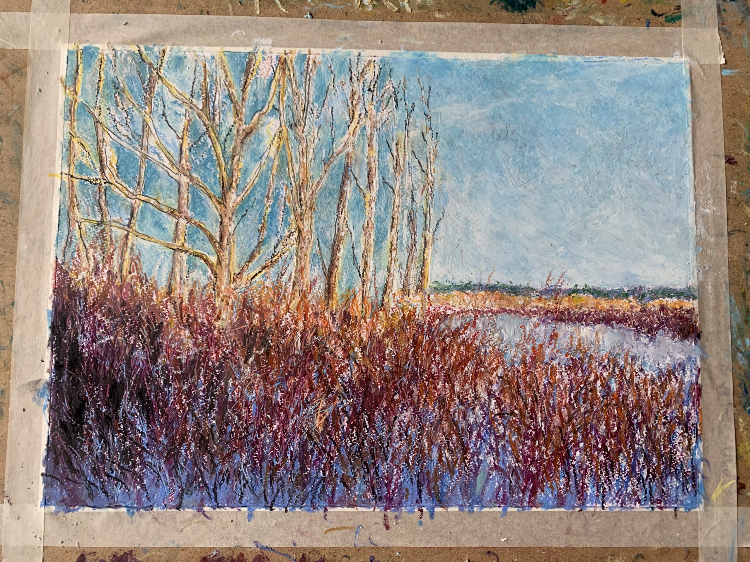 River Lielupe Jurmala Latvia Winter Landscape oil pastel Albert Safiullin