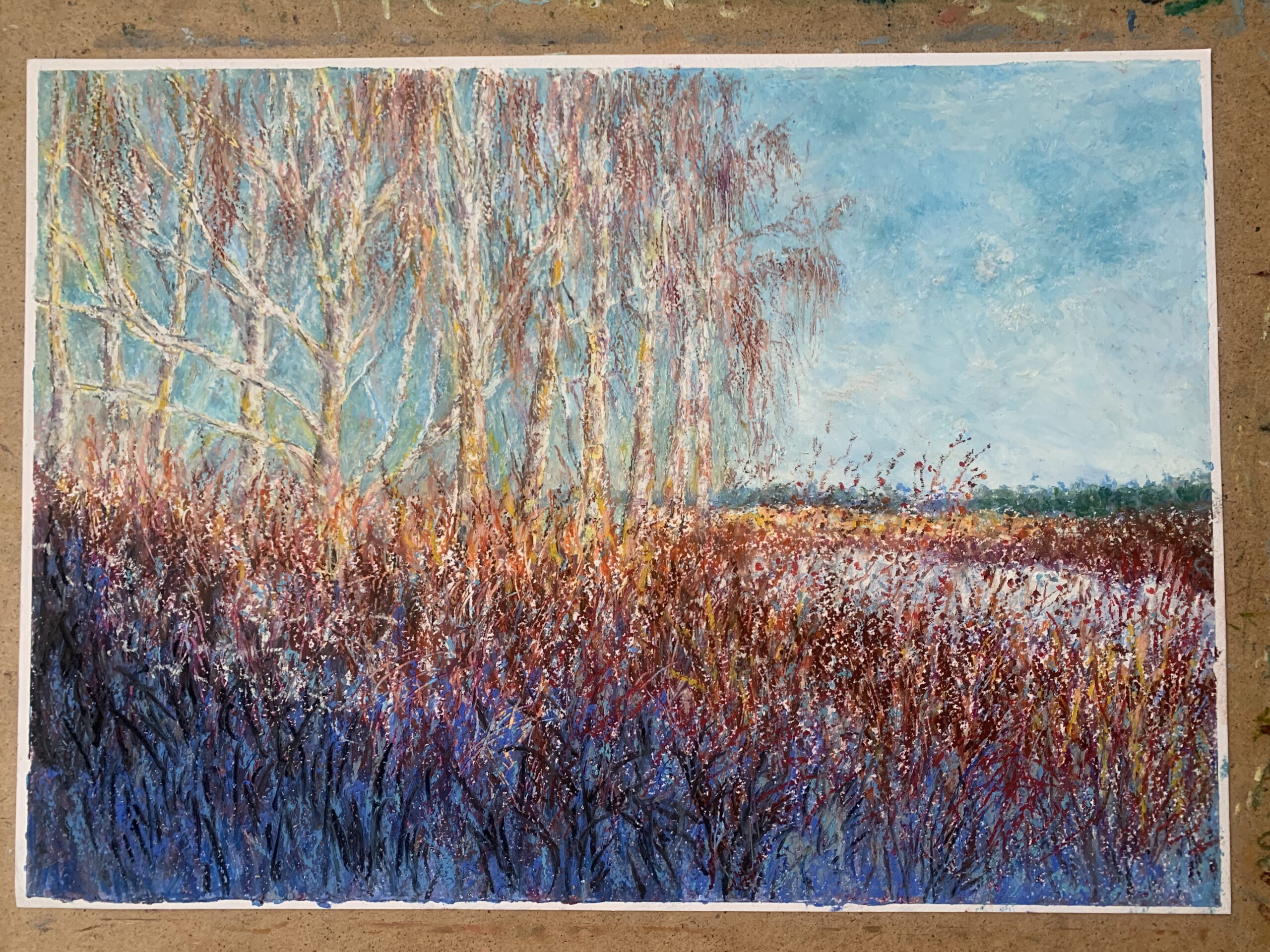 River Lielupe Jurmala Latvia Winter Landscape oil pastel Albert Safiullin